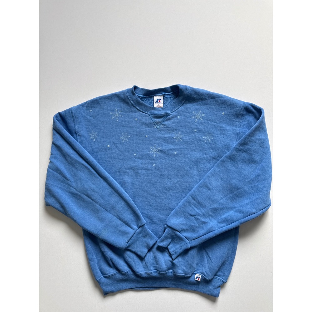Vintage Russell Athletic Blue Snowflake Sweatshirt Crewneck Size M 90s Sporty